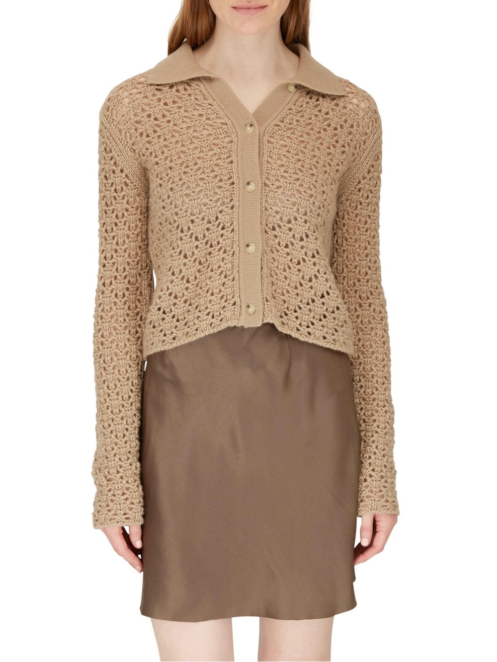 Vince Knit Cashmere Wool Crochet Brown Neutral Cardigan Collared Size L